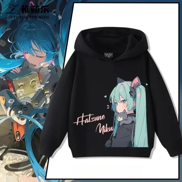 Hatsune Miku MIKU 2025 Trend Explosion Cartoon Print Children's Hooded Sweatshirt Boys and Girls Autumn Winter  All-match Tops