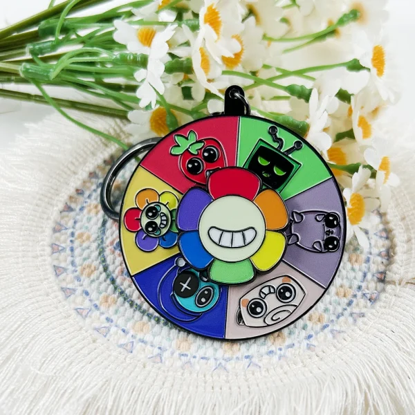 Dandys World Rotating Enamel Keychain Survival Horror Game Peripheral Key Ring Cute Pendant Bag Accessories Fans Gifts